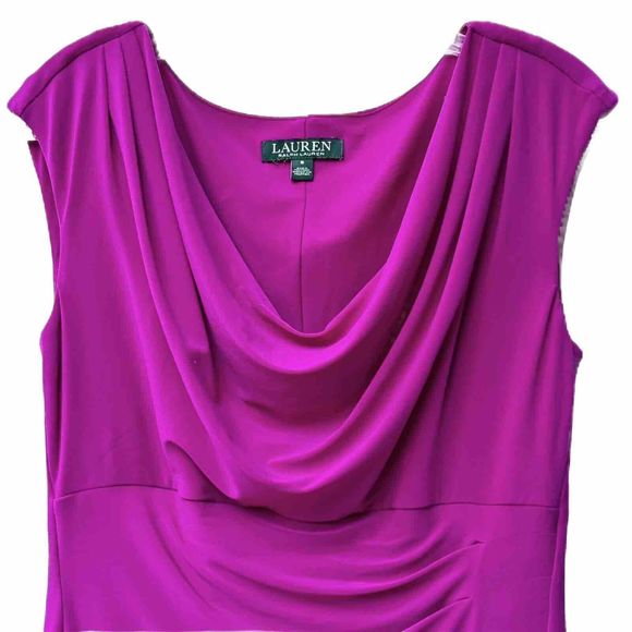 ❌SOLD❌Lauren Ralph Lauren Bright Magenta Pink Cowl Neck Ruched  Dress Size 8 - Picture 2 of 15